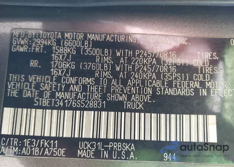 2006 Toyota Tundra Sr5 V8 from USA, damaged, VIN 5TBET34176S528831